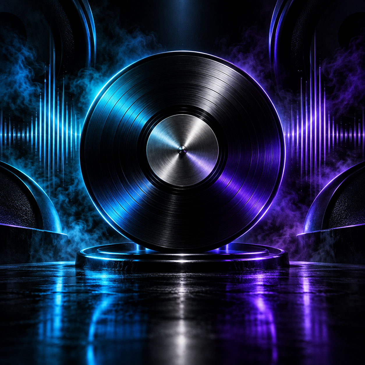Black vinyl record surrounded by electric blue and violet sound waves
